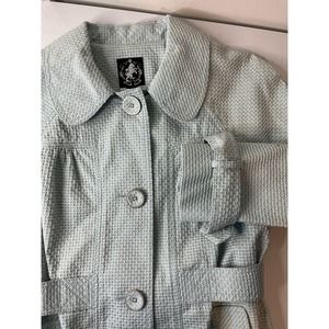 Think Tank Womens Medium Pastel Blue Belted Embroidered Peacoat Spring Coquette